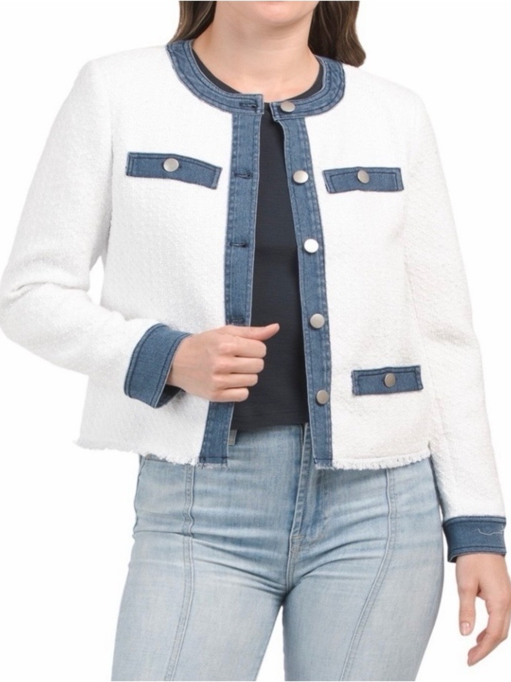 #644 ECRU Mixed Media Tweed Jacket with Blue Denim Trim. NWT - Picture 5 of 14